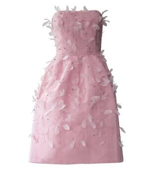 Oscar de la Renta Runway Women’s Strapless Feather Appliqué Cocktail Dress Pink